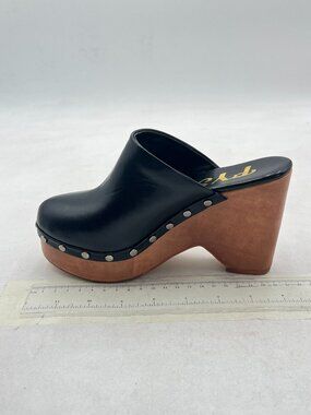 FYS Black Round Toe Slip on Mules Rivet Studded High Heel Wedges Fashion Shoes